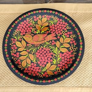 Russian Decorative Wooden Plate Bird Floral Motif Signed Folk Art Khokhloma Art